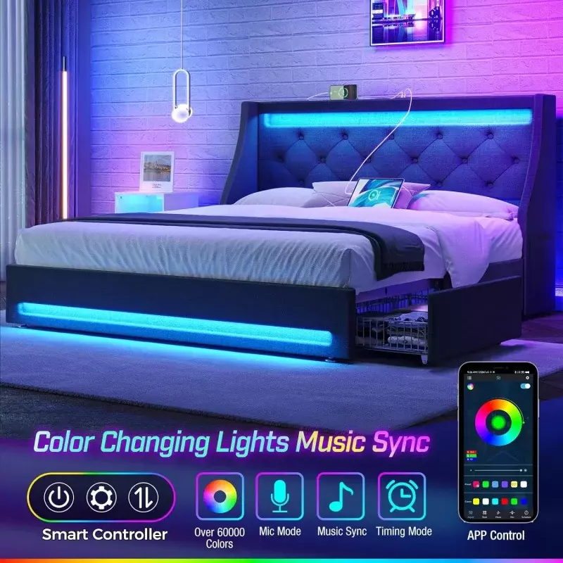 Rolanstar Twin Bed Frame with LED Lights and Charging Station, Upholstered Bed with Drawers, Wooden Slats, Noise Free, Easy Asse