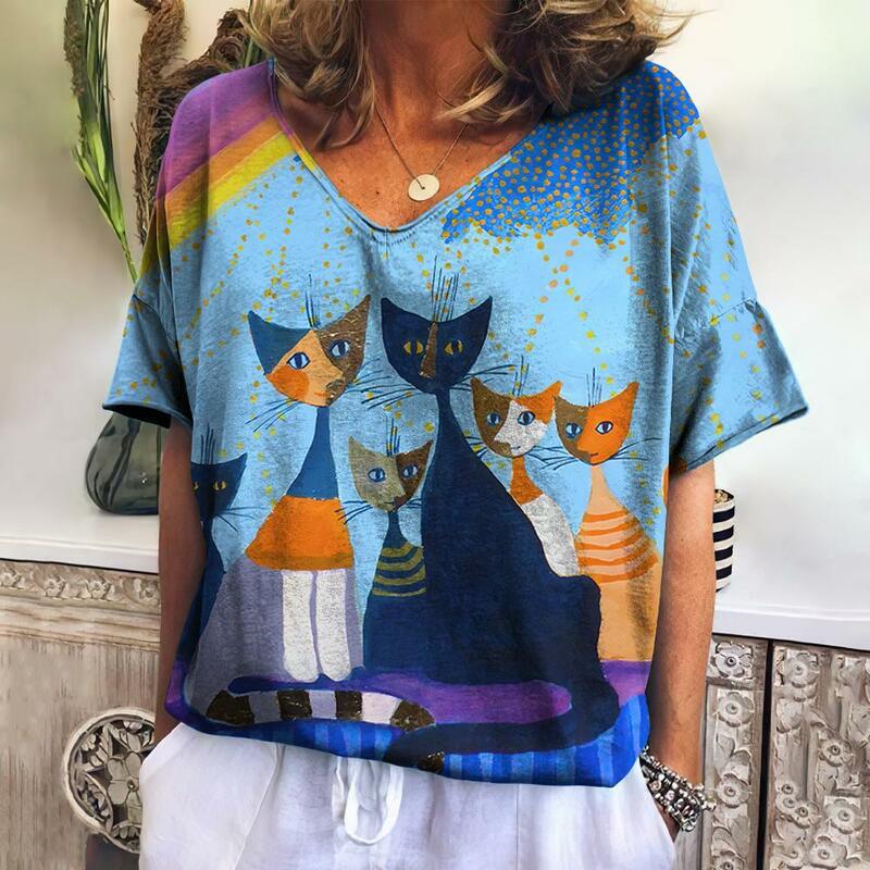 Kaus Wanita leher V lengan pendek, T-shirt motif kucing kartun longgar santai lengan pendek dengan kucing pakaian feminim lucu