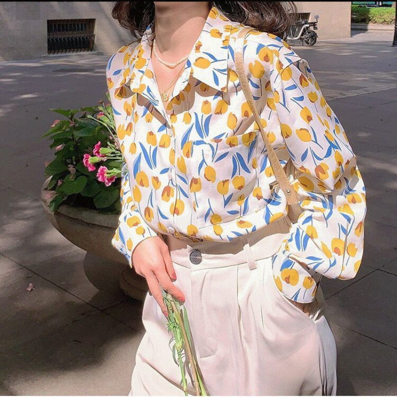Vintage Frühling neuen Druck lose Jugend Bluse Knopf Langarm Polo-Ausschnitt Freizeit hemd Tops süße Mode Frauen Kleidung