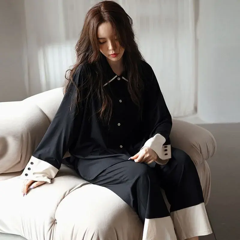 Женский пижамный комплект на весну и осень, милый и милый Свободный кардиган в Корейском стиле, длинные брюки с длинным рукавом, одежда для сна из двух предметов
