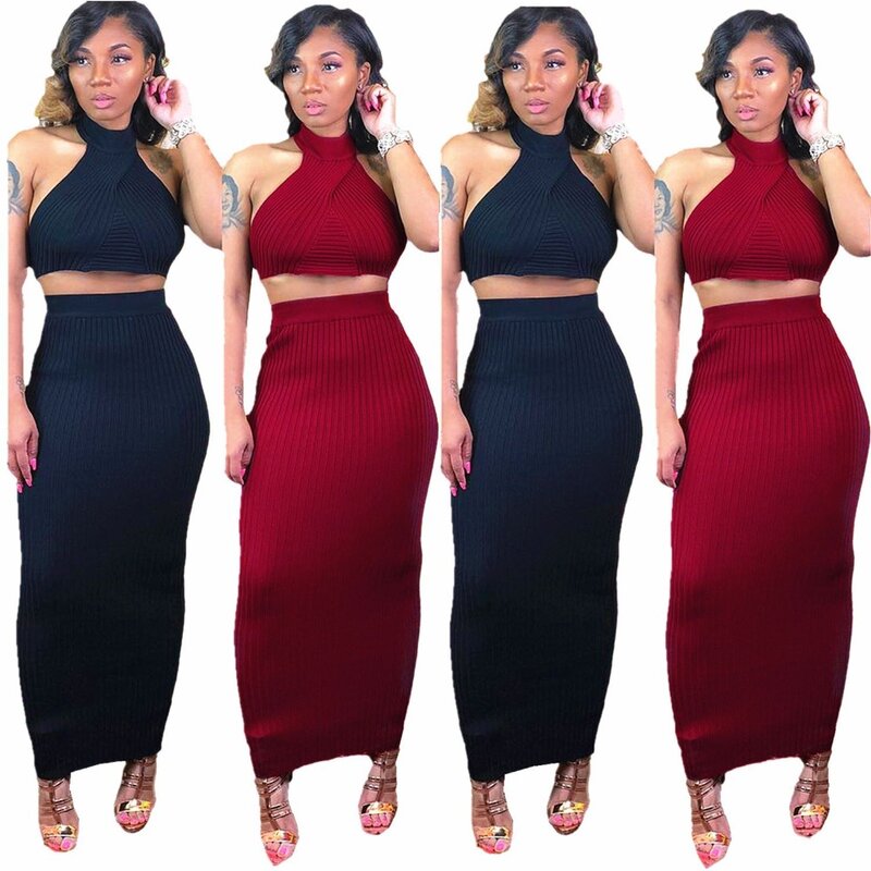 European style crop top and maxi skirt set summer halter knitted bodycon 2 pieces outfits for women DL5043