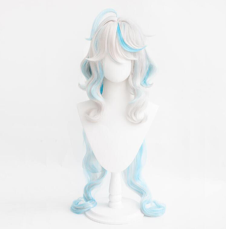 Fontaine Focalors-Peluca de Cosplay de 100cm de largo para mujer, Pelo Rizado azul y blanco, resistente al calor, Anime, con gorro
