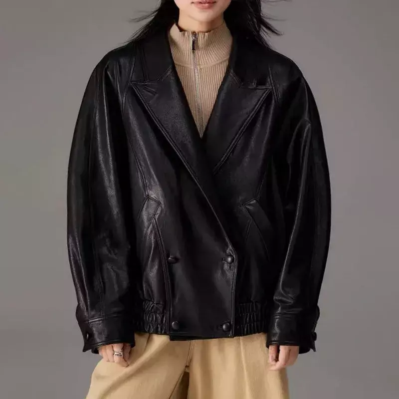 Women's Sheepskin Leather Jackets Casual Lapel Coat Drop Shoulder Loose Temperament Outwear Spring Autumn Bomber Jacket