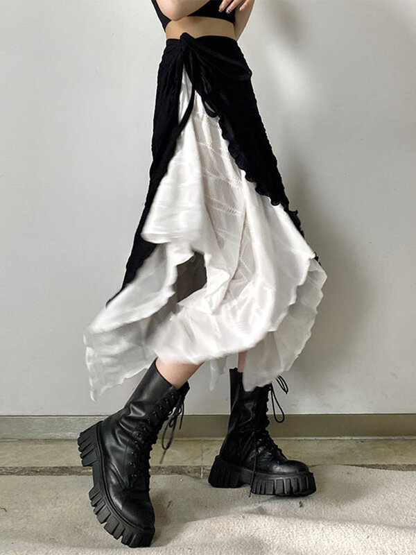 Women Harajuku Y2k Mid-Long Skirts Irregular Spliced Streetwear Vintage Design Mori Girl Gyaru Aesthetic Party Korean Fashion