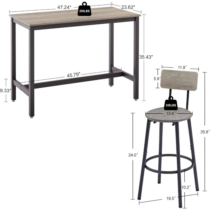 Ensemble de table et chaise de bar, table de bar à hauteur de table industrielle, 4 tabourets de siège rembourrés en PU, dossier et repose-pieds, 4 pièces