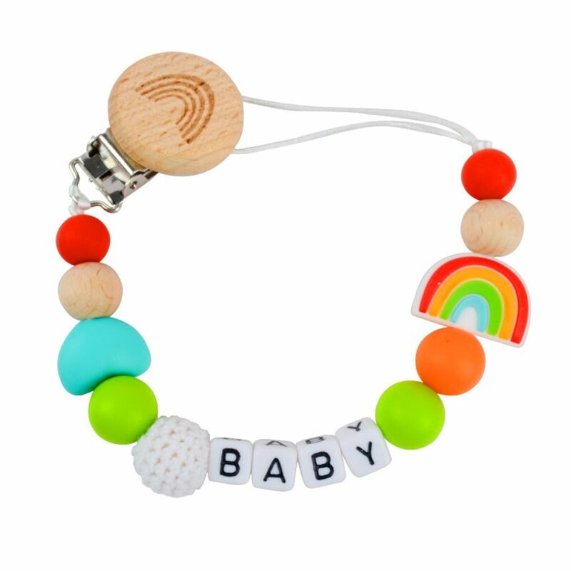 Cadena de seguridad para chupete de bebé, soporte de pezón anticaída de madera de haya de grado alimenticio, Clips de arcoíris con cuentas, cadena Molar
