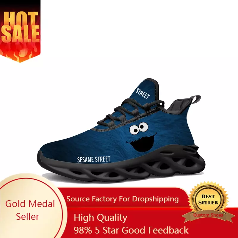 Модные кроссовки на плоской подошве с аниме мультяшным рисунком Сезам, спортивная обувь для бега для подростков, Высококачественная сетчатая Обувь На Шнуровке под заказ