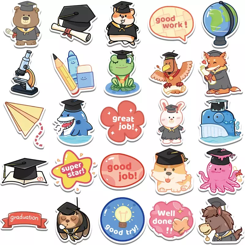 50 buah stiker hadiah wisuda hewan kartun Kawaii hadiah guru stiker dekorasi buku tempel anak-anak