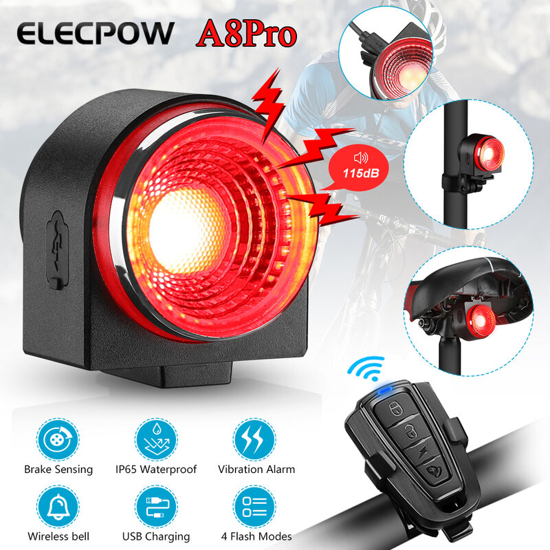 Elecpow A8Pro Bike Alarm Taillight, Carregamento USB, IPX65, Luz traseira de bicicleta, Lâmpada de detecção de freio