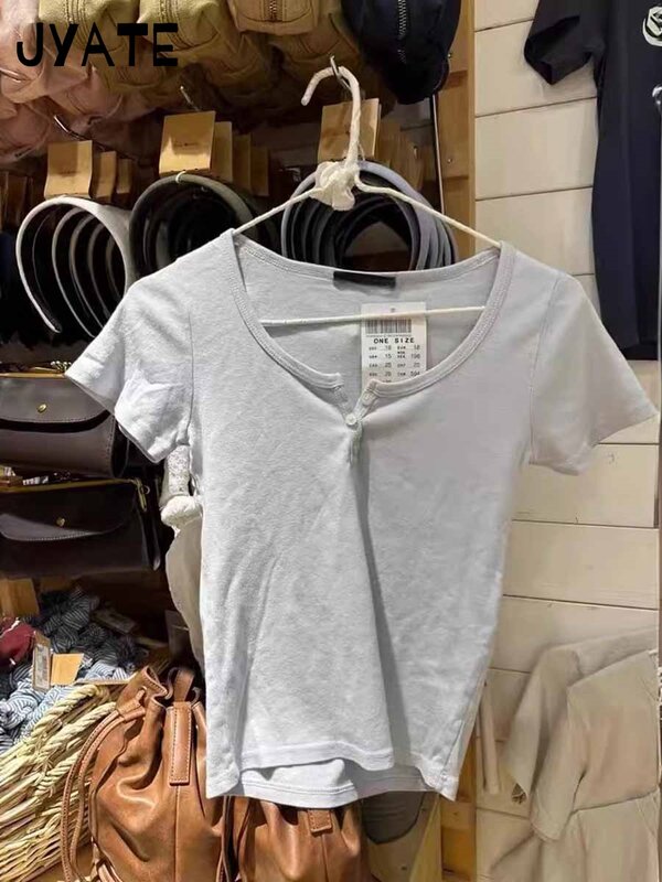 Einfache grundlegende drei Knöpfe Kurzarm T-Shirts Frauen neue Baumwolle lässig schlanke O-Ausschnitt Crop Tops süße süße Vintage T-Shirts y2k