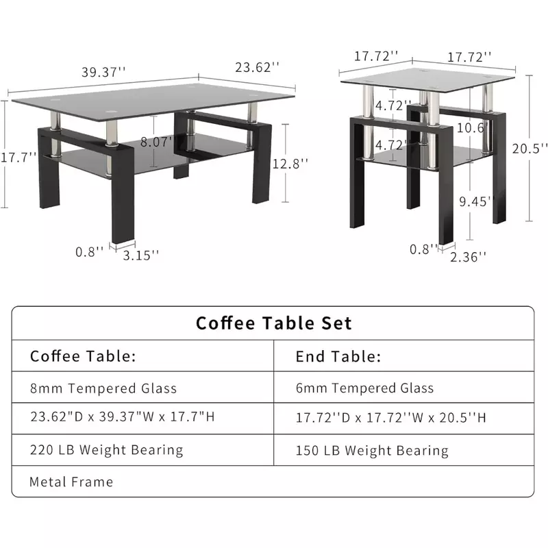 Set di 3 tavolini da caffè in vetro, tavolini da caffè e Set di tavolini da caffè, struttura in metallo, Set di tavolini da caffè