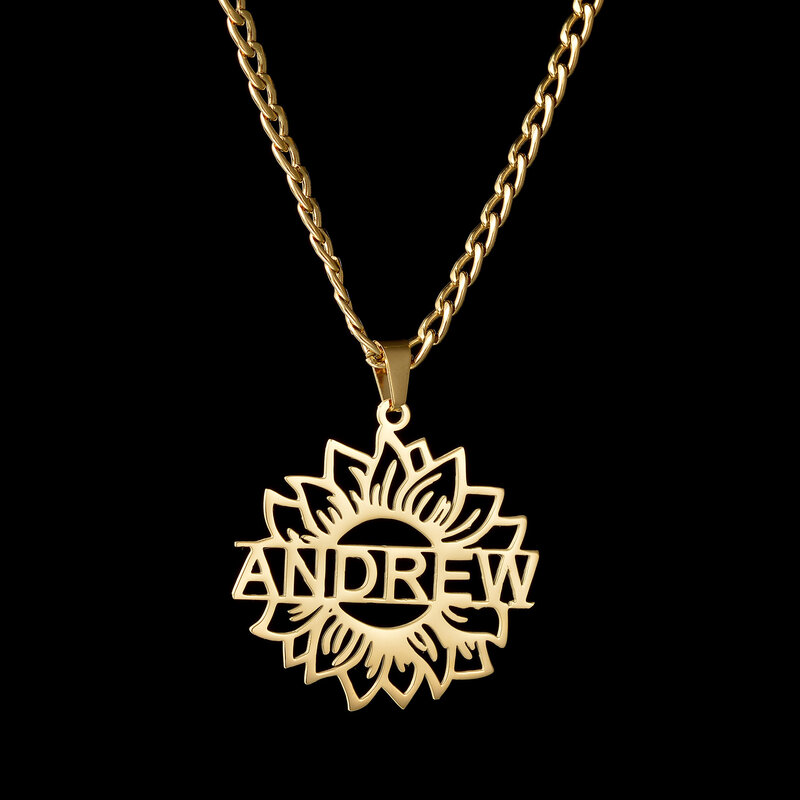 Customized Name Necklace Personalized Sunflower Gold Stainless Steel Letter Pendant for Men and Women Jewelry Birthday Gift