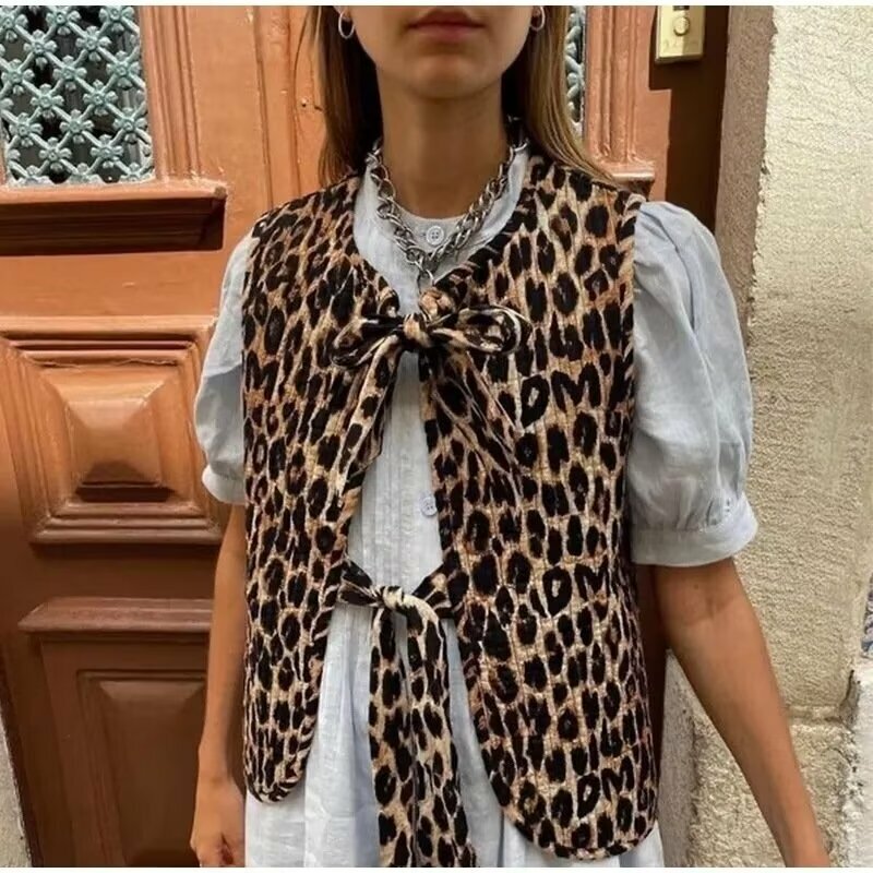 ZAURA Spring/Summer 2024 New Women's V-neck Bow Decoration Fashion Leopard Pattern Vest