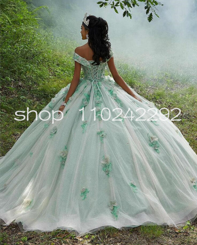 Vestidos de princesa verde fruta para quinceañera, hombros descubiertos, falda de gillter floral 3D, vestido de quinceañera dulce 16