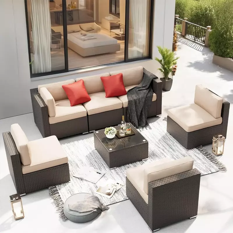 Sofá Seccional de mimbre PE para exteriores, muebles modulares para Patio, conjunto de conversación, cojines lavables y mesa de centro de vidrio