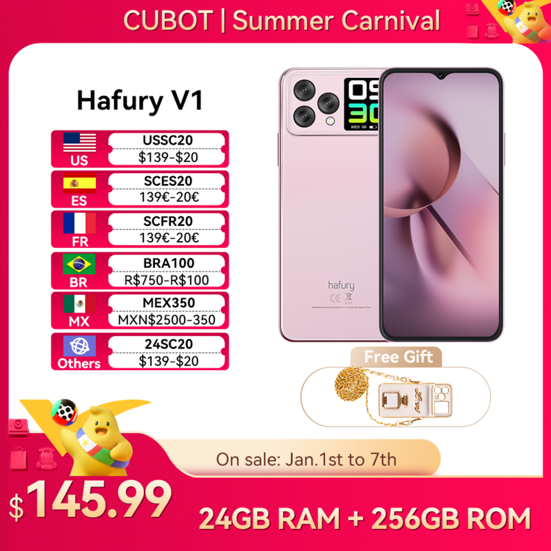 Cubot Hafury V1、スマートフォン Android、16GB RAM(8GB+8GB)、256GB ROM(1TB 拡張をサポート)、デュアル スクリーン、64MP カメラ、32MP Selfie カメラ、NFC、グローバル バージョン、デュアルSIMデュアル4G  携帯電話、smartphone android、美しい携帯電話、女性用携帯電話、カートに追加