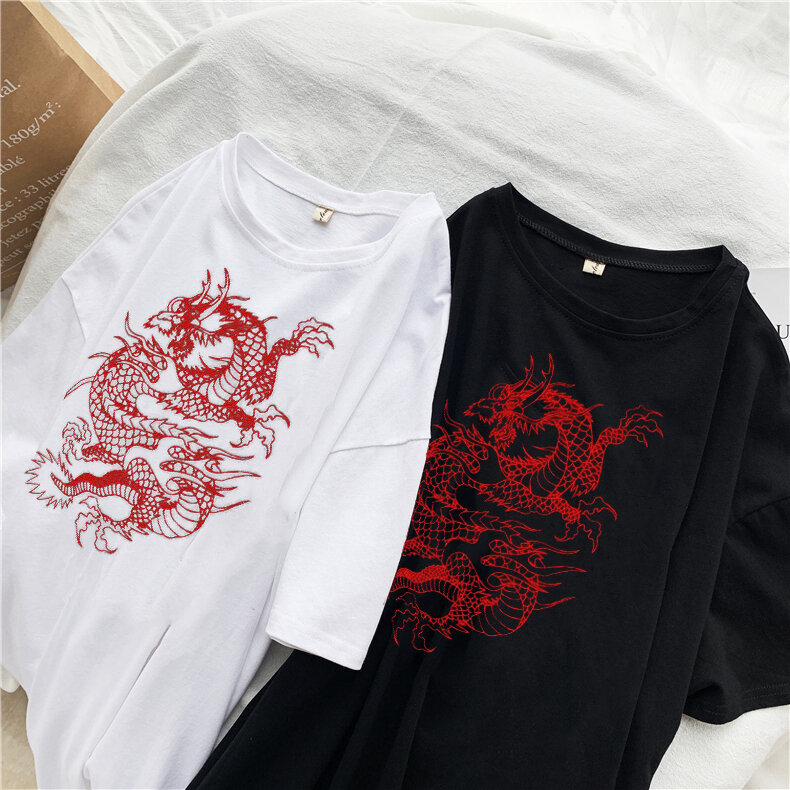 Womens T-shirt Harajuku Y2K Street Tops Harajuku Dragon Gothic Myth Print Short Sleeve Clothes Plus Size Loose Oversized T-shirt