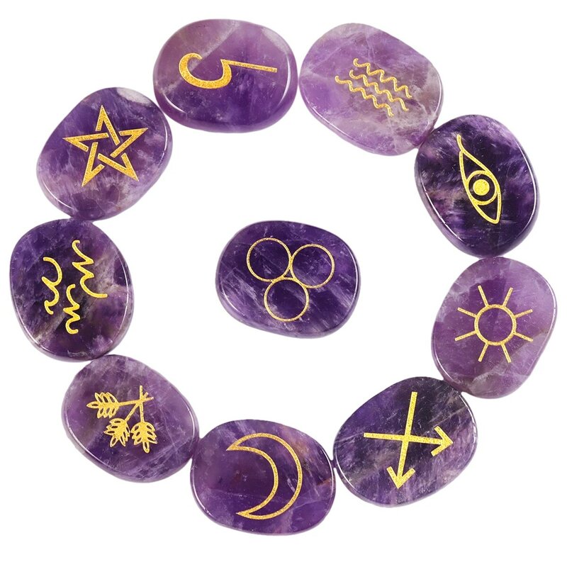 Kit de piedra de Runas de brujas de cristal curativo con símbolos romanos grabados para Chakra, equilibrio, adivinación, Yoga, meditación, 10 piezas por juego