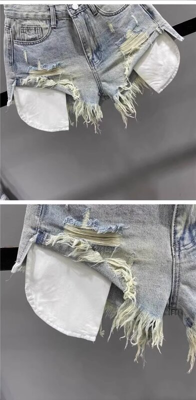 Корейские винтажные Синие сексуальные рваные джинсы для женщин, лоскутные трапециевидные джинсы с завышенной талией