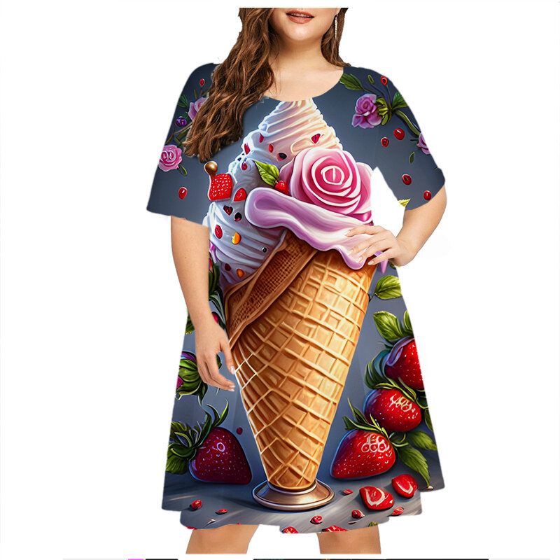 Gaun longgar motif bunga es krim, gaun pesta manis musim panas model A-Line lengan pendek, gaun longgar kasual ukuran besar 6XL