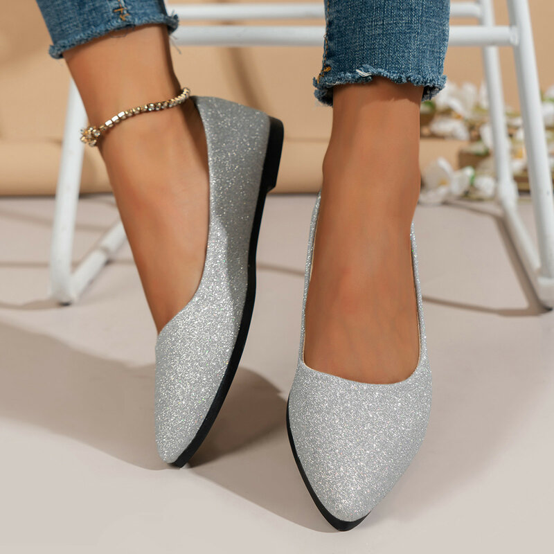Women Comfort Pointed toe Ballet Flats Slip on Sliver Glitter Wedding Shoes Ladies Spring Summer Casual Shoes Plus Size 2024