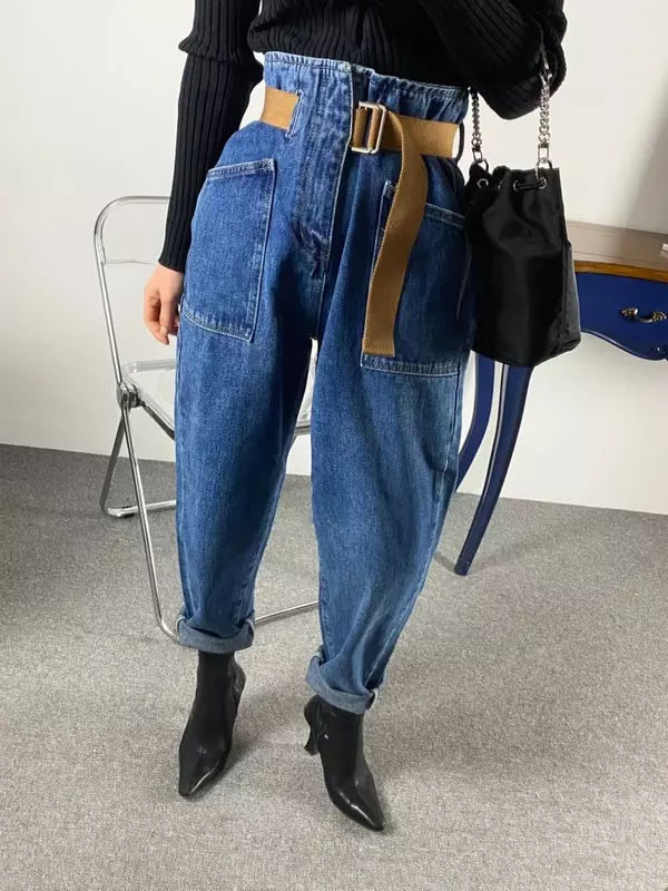 Jean spinal vintage pour femme, denim délavé, taille haute, longueur de rinçage, baggy, pantalon sarouel ceinturé, mode coréenne, fj2024