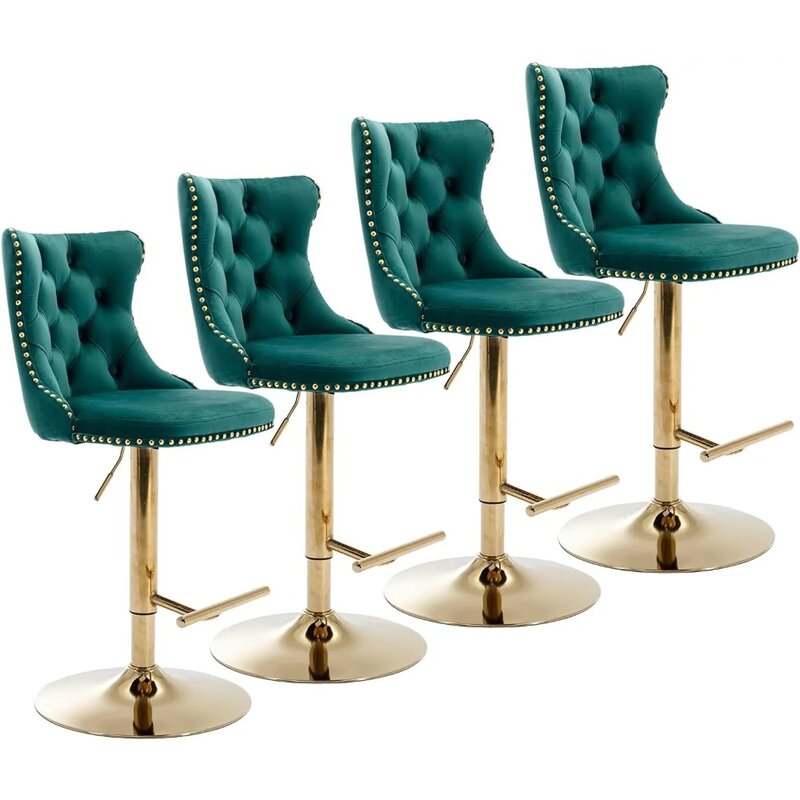 Zestaw 4 obrotowych stołków barowych, stołki barowe o regulowanej wysokości, krzesła barowe tapicerowane aksamitem, stołki barowe