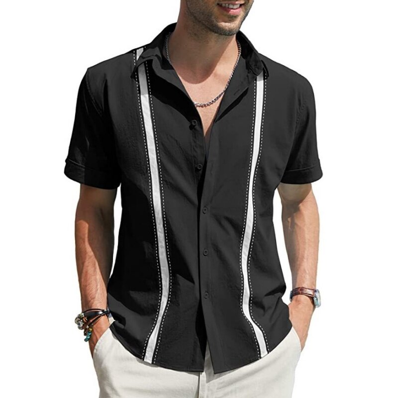 Summer Men's Polo Collar Short Sleeve Linen Shirt Fashion Color Matching Slim Fit Casual Beach Printed Shirt