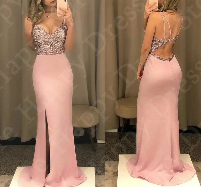Женское атласное платье с блестками, элегантное розовое вечернее платье с V-образным вырезом и юбкой-годе, длинное платье с открытой спиной для выпускного вечера