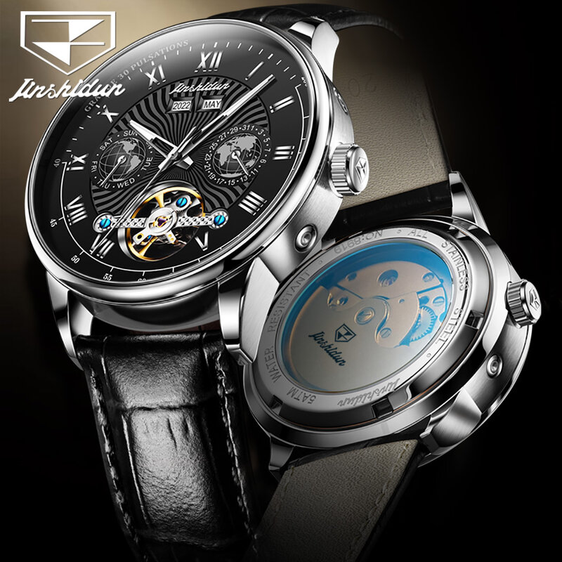 JSDUN jam tangan mekanis otomatis pria, desain Skeleton Flywheel tahan air tanggal tali kulit modis klasik 8919