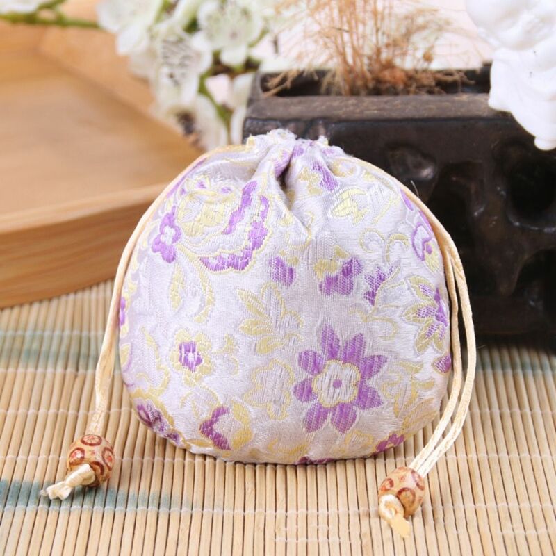 Chinese Style Embroidery Flower Drawstring Bag Jewelry Packing Bag Beaded Small Coin Purse Wallet Floral Storage Bag