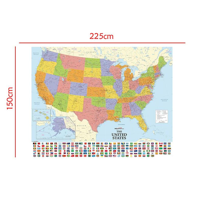 แผนที่ของสหรัฐอเมริกาขนาด225*150ซม. พร้อมธงประเทศรายละเอียดแผนที่อเมริกาภาพวาดผ้าใบไม่ทอการตกแต่งบ้านอุปกรณ์การเรียน