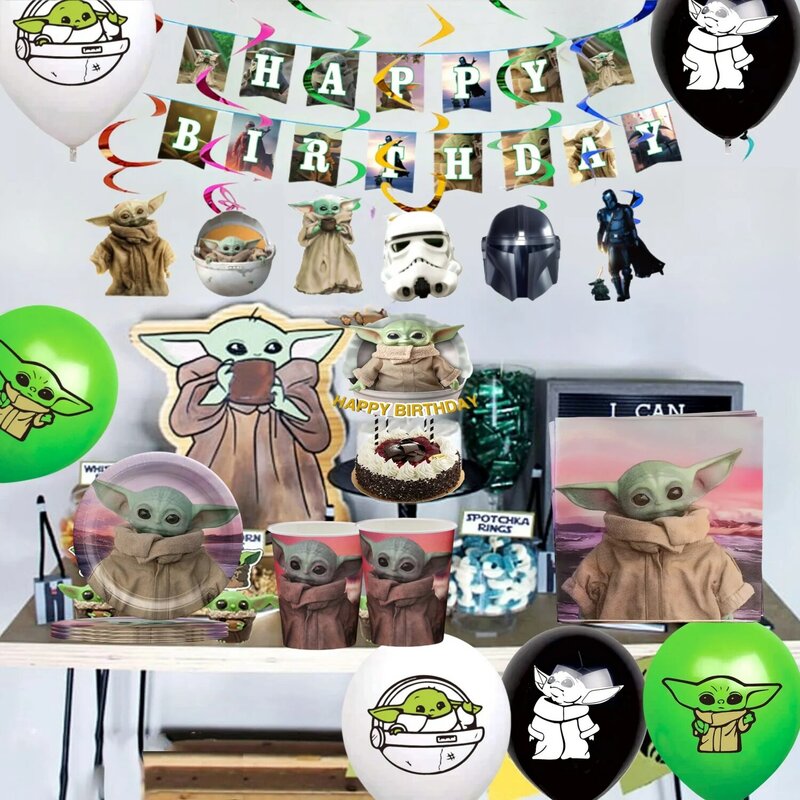 Disney Yoda – décoration d'anniversaire, vaisselle jetable Mandalorian, nappe, assiette, ballon d'arrière-plan, fournitures de fête prénatale pour enfants