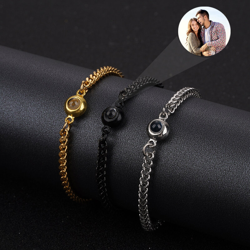 Silver/Gold Color Projection Photo Bracelet with Stainless steel Cuba chain Bracelet Set Jewelry for Men 2024 Wholesale