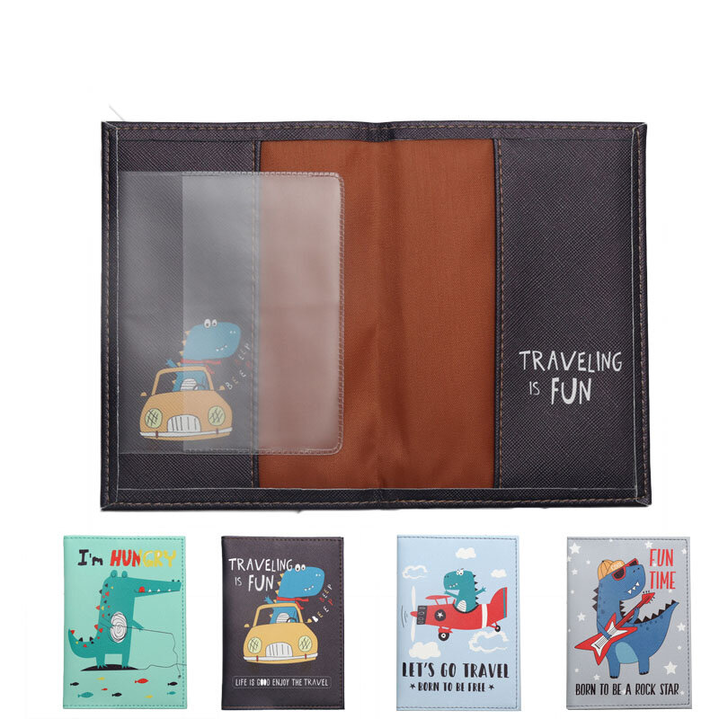 Sarung paspor kartun dinosaurus kulit buaya pria wanita kulit PU tempat paspor perjalanan tempat kartu ID Dompet tas