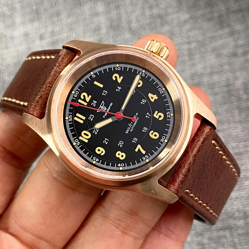 Nowy zegarki do nurkowania 36mm prawdziwy brązowy Pilot zegarek automatyczny japonia NH35 PT5000 Movt 200M wodoodporny zegar Lume luksusowe Tandorio