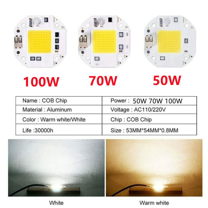 Chip LED COB sin soldadura, 50W, 70W, 100W, para reflector, 220V, 110V, cuentas de luz LED integradas, aluminio, F5454, Blanco cálido