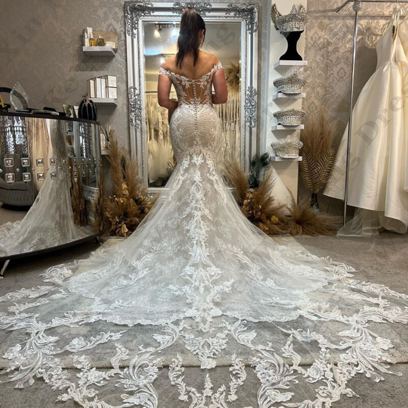 Sexy Mermaid Backless Wedding Dresses Fascinating Exquisite Lace Appliques A-Line Off Shoulder Slimming Mopping Bridal Gowns