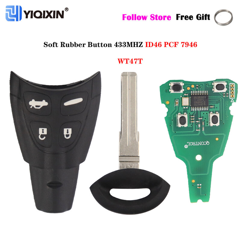 YIQIXIN 434Mhz Remote Pintar Kunci Mobil Fob untuk SAAB 93 95 9-3 9-5 2003-2010 LTQSAAM433TX ID46 Chip Pengganti Casing Alas Karet Lunak
