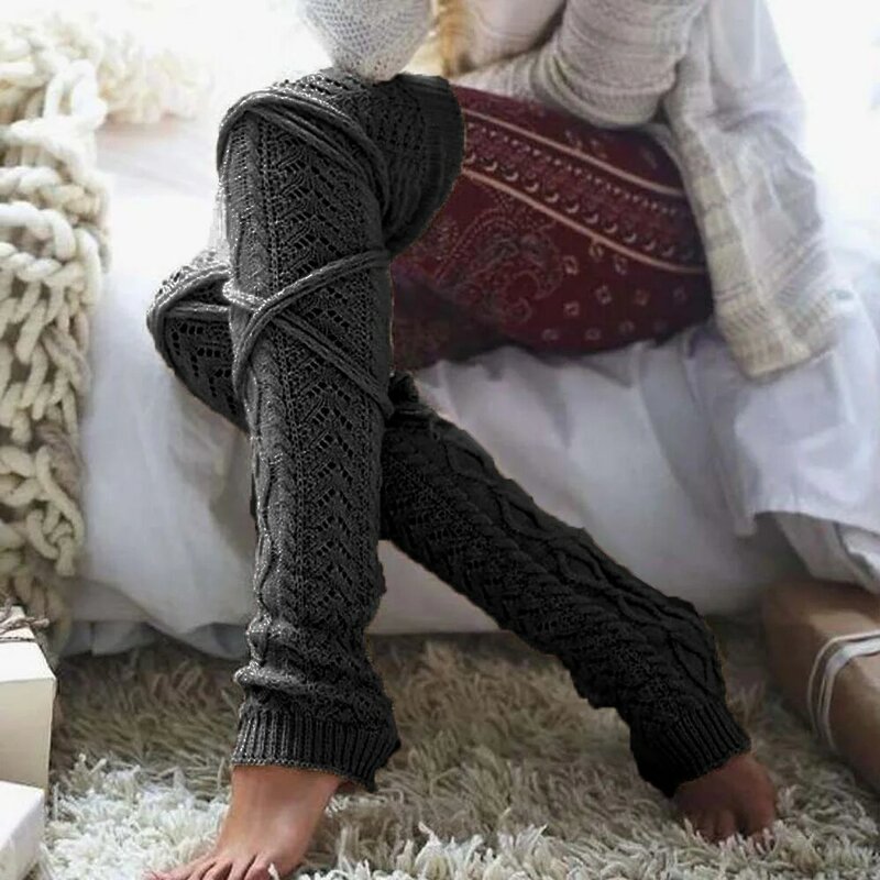 Calcetines cálidos de punto para mujer, medias hasta el muslo, de ganchillo, hasta la rodilla, para invierno