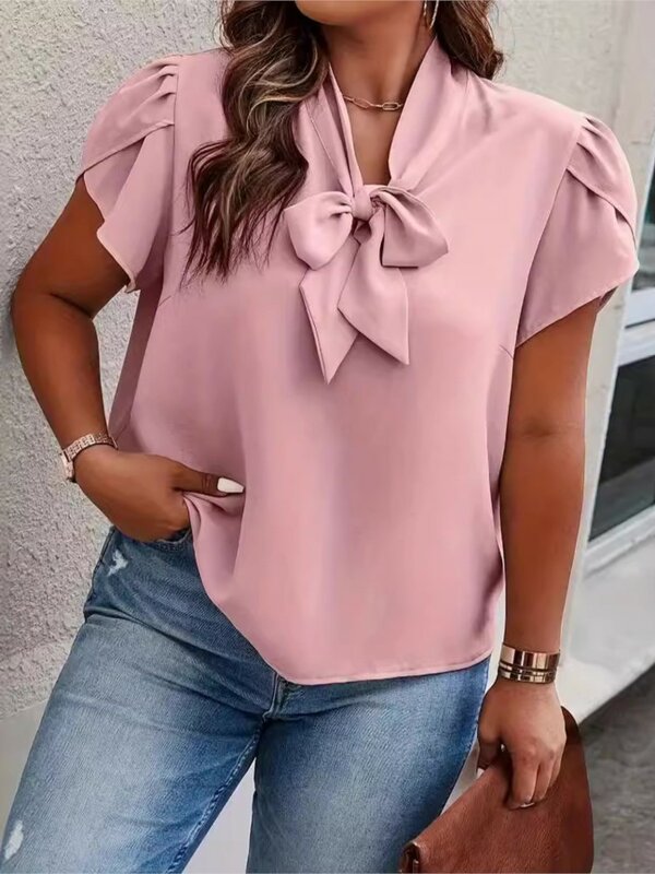 Plus Size Zomer Pullover Tops Vrouwen Strik Kraag Mode Elegante Roze Dames Blouses Losse Casual Geplooide Vrouw Tops