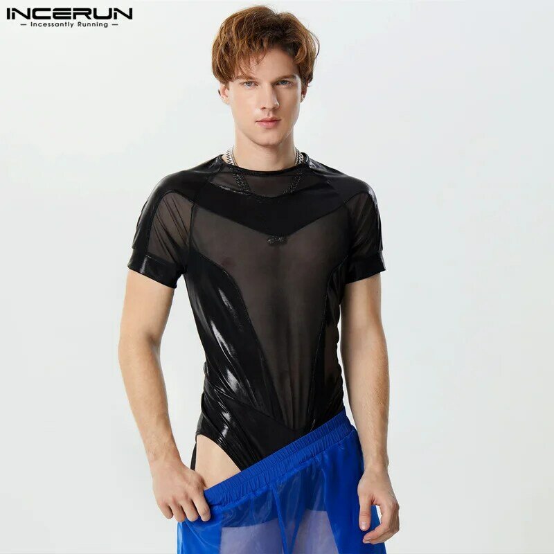 INCERUN-body de malla para hombre, ropa de calle de manga corta con cuello redondo, transparente, brillante, a la moda, S-3XL, 2024