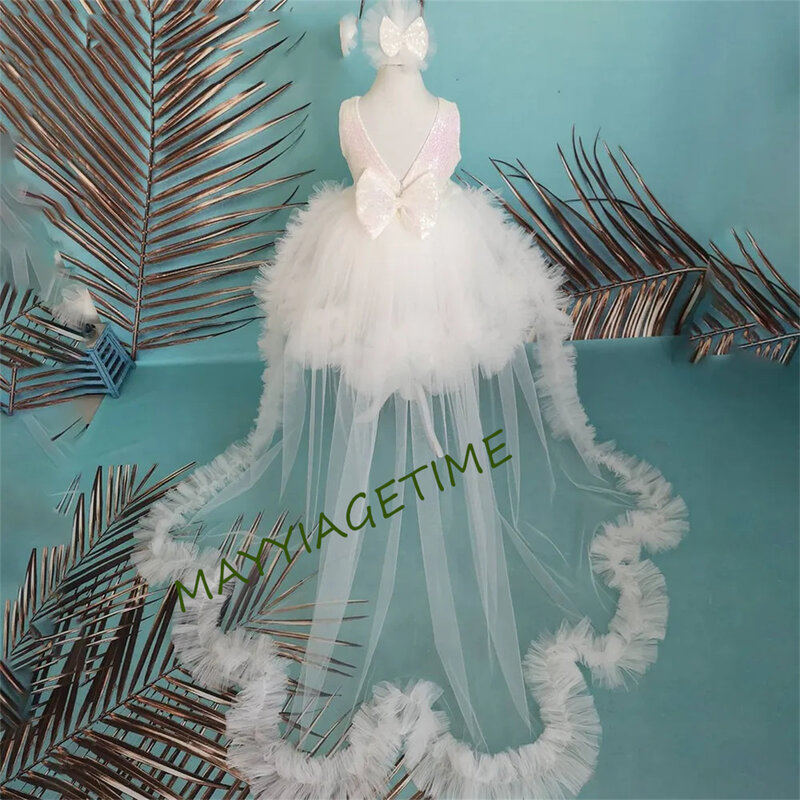 Gaun gadis bunga Fuchsia payet Glitter gaun pesta pernikahan putri gadis tanpa lengan gaun Komuni Pertama
