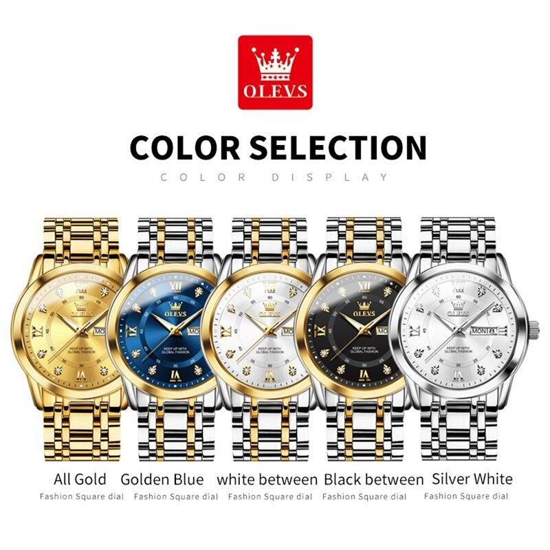 OLEVS 남성용 쿼츠 시계, 럭셔리 다이아몬드 골드 시계, 방수 발광 스테인리스 스틸, 비즈니스 시계