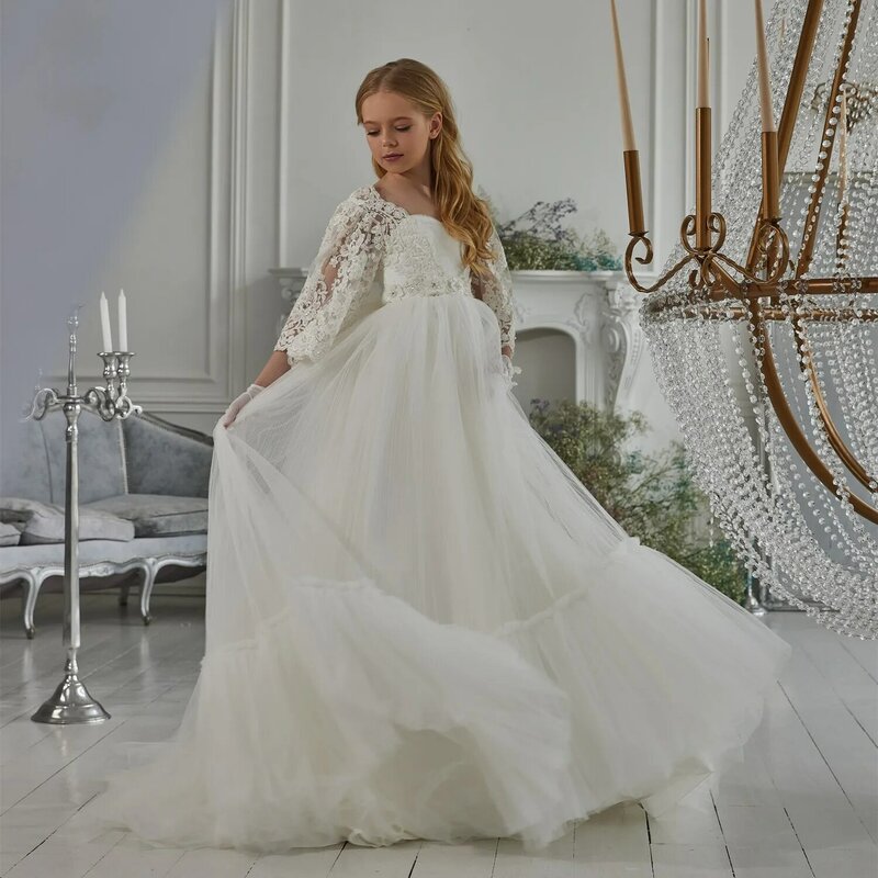 Elegant Flower Girl Dress For Wedding Lace Applique Sequins Tulle Floor Length Princess Birthday Party First Communion Ball Gown