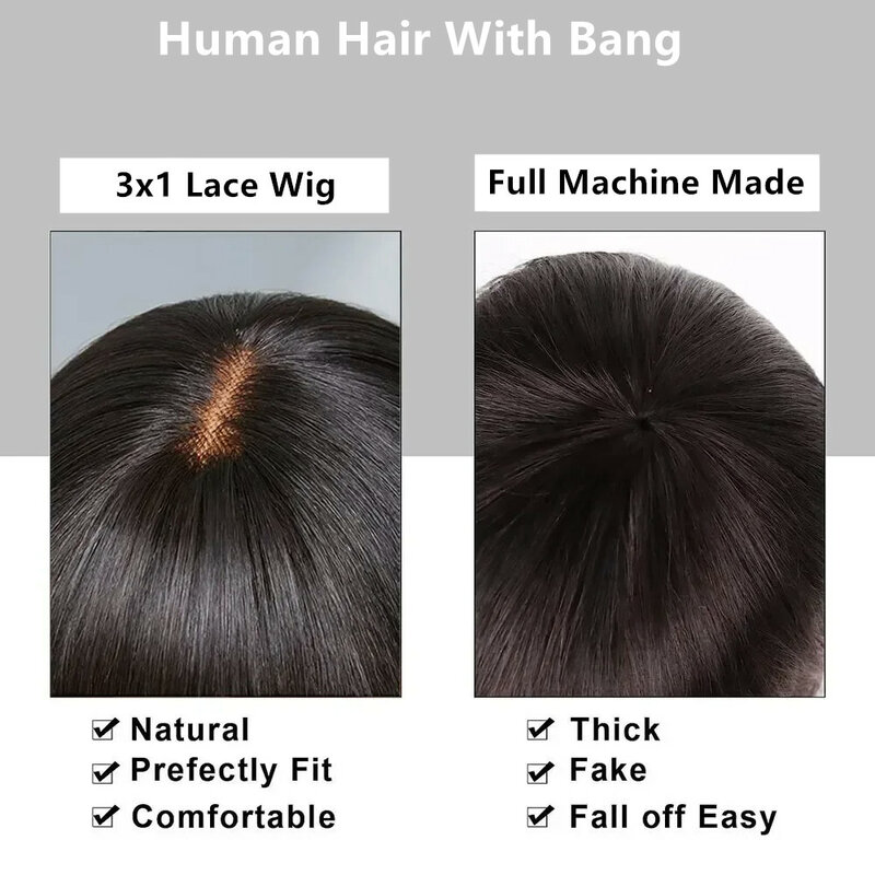 Straight Middle Part Lace Wig, Glueless cabelo humano, pronto para usar com Bangs, 3x1, 100%