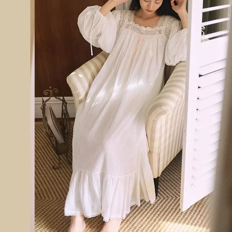 Белая ночная рубашка из чистого хлопка, Милая зимняя длинная Пижама принцессы с квадратным воротником, винтажная Ночная рубашка в викторианском стиле с длинным рукавом