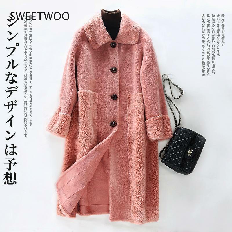 Abrigos largos de piel de oveja auténtica para mujer, con cuello vuelto abrigo de lana, chaqueta gruesa y cálida para esquilar ovejas, invierno, 2022