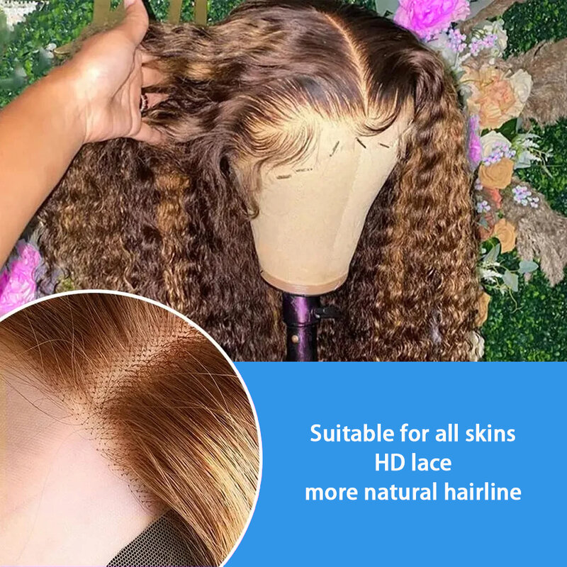 Pelucas de cabello humano rizado con encaje Frontal, postizo de 30 pulgadas, color marrón miel, 13x4, ombré, ondas profundas, 200 de densidad