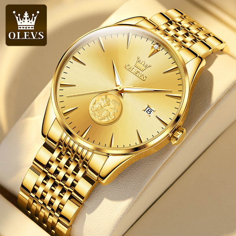 OLEVS Relógio Mecânico de Luxo para Homens, Aço Inoxidável, Impermeável, Calendário Automático, Relógios De Negócios, Marca Dourada